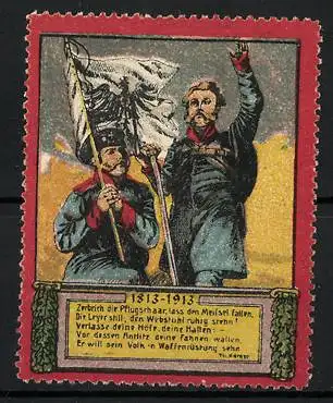 Reklamemarke Befreiungskriege, Hundertjahrfeier 1813-1913, Soldaten mit Flagge