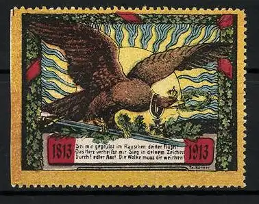 Reklamemarke Befreiungskriege, Adler mit Krone und Eisernem Kreuz auf einem Schwert, Hunderjahrfeier 1813-1913