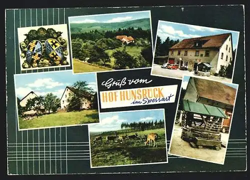 AK Eschau / Spessart, Gasthof Hof Hunsrück, Bes. Josef Hubert, Landschaftsbild, Wappen