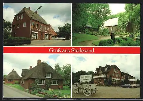 AK Stedesand / Nordfriesland, Handlung M. C. Nissen, Friedhof mit Gebäude, Hotel Deichgraf