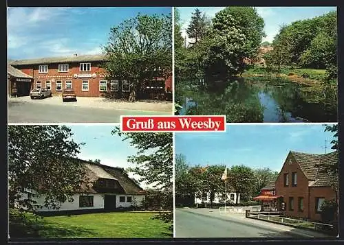 AK Weesby / Schleswig, Restaurant, SPAR-Kaufhalle, Gebäude & See