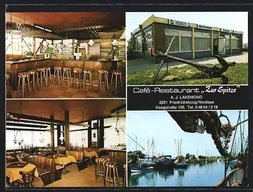 AK Friedrichskoog /Nordsee, Café-Restaurant Zur Spitze, Innen- und Aussenansichten, Hafenpartie