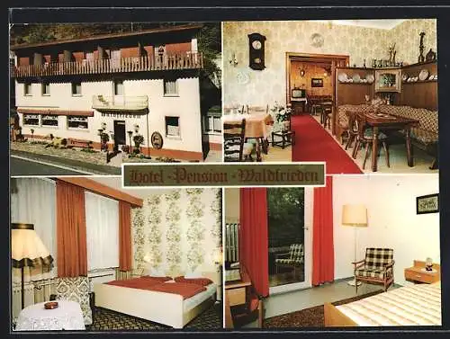 AK Bad Bertrich, Hotel-Pension Waldfrieden, Kurfürstenstrasse, Aussen- und Innenansichten