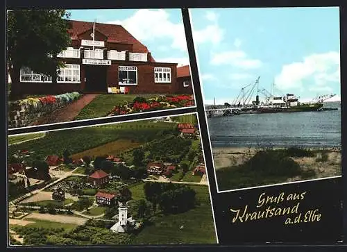 AK Krautsand / Elbe, Hotel Müller, Hafenbild, Totale