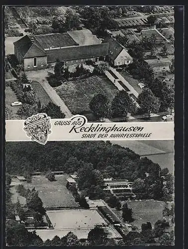 AK Recklinghausen, Fliegeraufnahme von Schwimmbad und Gutshof