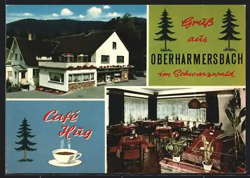 AK Oberharmersbach / Schwarzwald, Café Hug & Konditorei Wilhelm Hug, Aussen- und Innenansicht