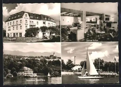 AK Starnberg, Hotel Seehof, Strandhotel Schloss Berg, Strandcafé mit Segelboot