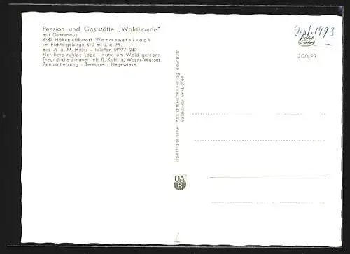 AK Warmensteinach, Pension und Gaststätte Waldbaude, Panorama und Innenansicht