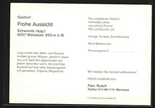 AK Weissbad / AI, Gasthof Frohe Aussicht, Bes. Fam. Rusch, Aussen- und Innenansichten, Panorama