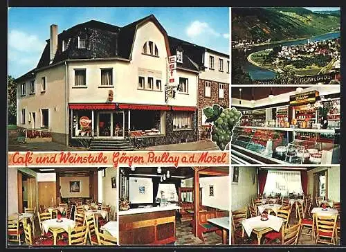 AK Bullay, Cafe Weinstube Görgen, Aussen- u. Innenansichten, Ortspanorama