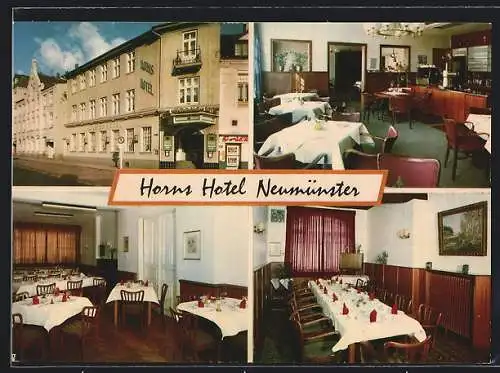 AK Neumünster / Holst., Horns Hotel, Bes. E. Gerken, Aussen- und Innenansichten