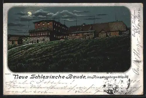 Mondschein-Lithographie Neue Schlesische Baude, Totale von der Bergwiese aus gesehen