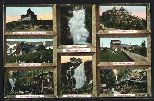 AK Elbfallbaude, Berghütte im Riesengebirge, Blick auf Elbefall, Zackelklamm, Kochelfall, Hochstein, Neue Schles. Baude