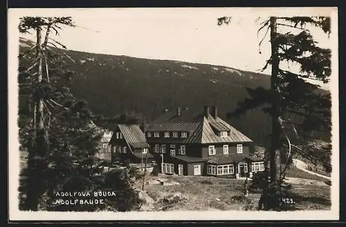 AK Adolfbaude, Blick auf Baude und Riesengebirge