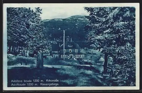 AK Adolfbaude, Bauden-Panorama mit Riesengebirge
