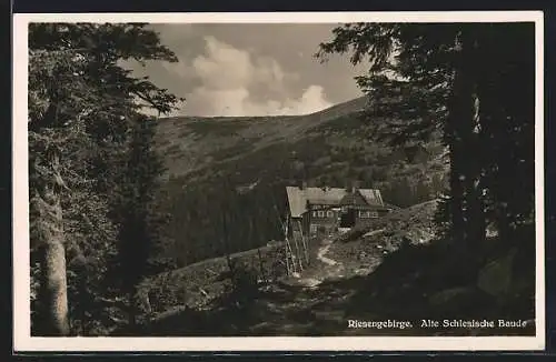 AK Alte Schlesische Baude, Panorama mit Baude und Riesengebirge