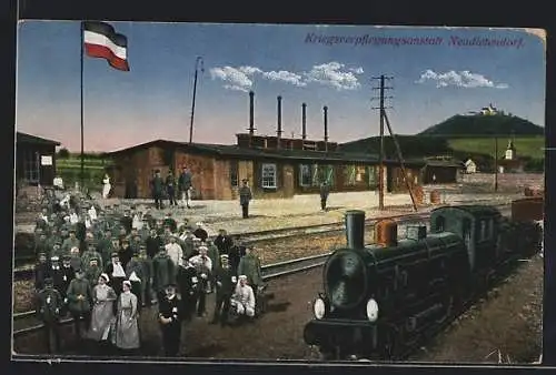 AK Neudietendorf, Blick auf die Kriegsgefangenen am Bahnhof der Kriegsverpflegungsanstalt