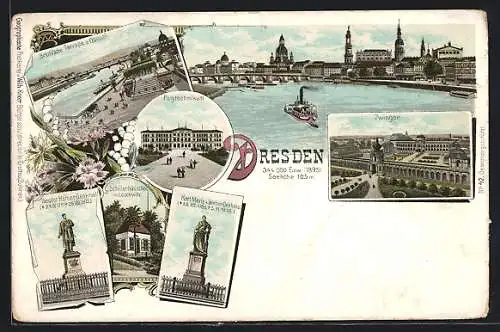 Lithographie Dresden, Brühl`sche Terrasse und Elbquai, Polytechnikum, Zwinger