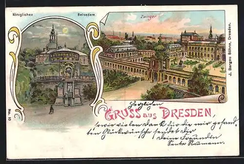 Lithographie Dresden, Blick auf den Zwinger, Königliches Belvedere