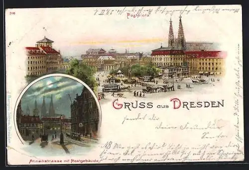 Lithographie Dresden, Annenstrasse mit Postgebäude, Postplatz