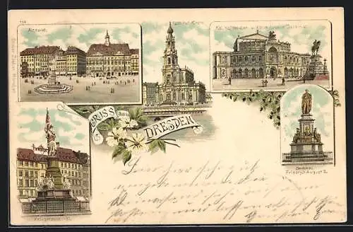Lithographie Dresden, Altmarkt, Kriegerdenkmal, Denkmal Friedrich August II.
