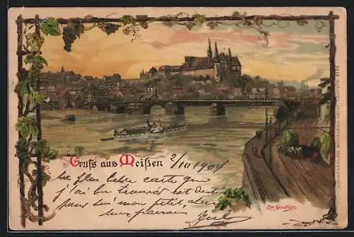 Künstler-AK Erwin Spindler: Meissen, Dampfer auf der Elbe, Panorama der Stadt