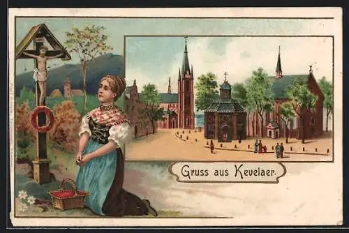 Lithographie Kevelaer, Kapellenplatz und Frau am Flurkreuz