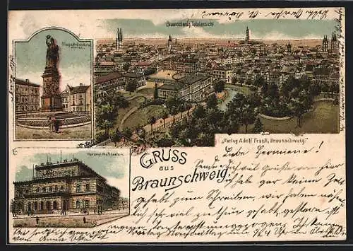 Lithographie Braunschweig, Sieges-Denkmal, Herzogl. Hoftheater, Totalansicht