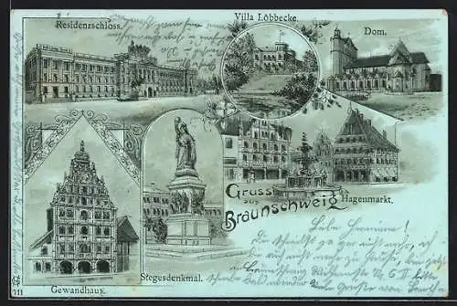 Mondschein-Lithographie Braunschweig, Hagenmarkt, Dom, Villa Löbbecke, Residenzschloss