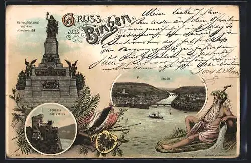 Lithographie Bingen, Nationaldenkmal auf dem Niederwald, Schloss Rheinstein, Panorama