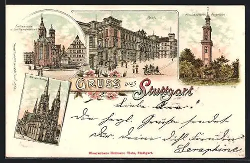 Lithographie Stuttgart, Aussichtsturm Degerloch, Post, Marien-Kirche