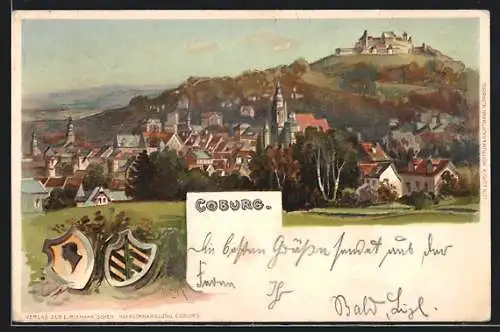 Lithographie Coburg, Panoramablick auf Stadt und Schloss