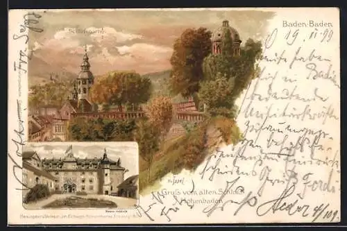 Lithographie Baden-Baden, Neues Schloss, Schlossgarten mit Pavillon