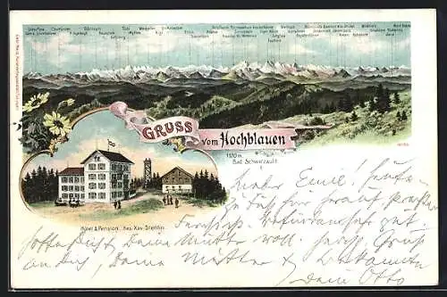 Lithographie Badenweiler, Hochblauen mit Hôtel & Pension, Bes.: Xav. Strehlin