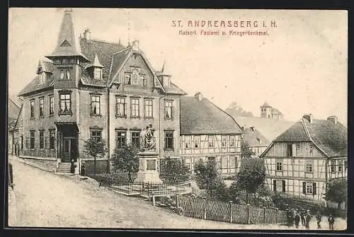 AK St. Andreasberg i. H., Postamt und Kriegerdenkmal