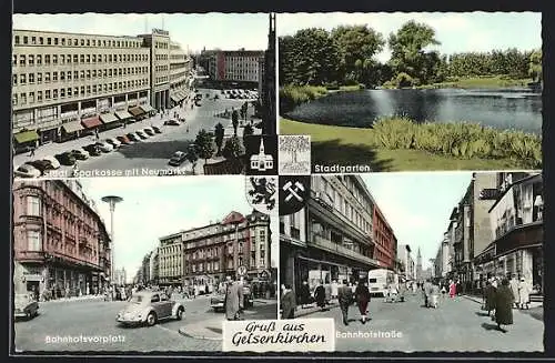AK Gelsenkirchen, städt. Sparkasse mit neumarkt, im Stadtgarten, auf dem Bahnhofsvorplatz, Blick in die Bahnhofstrasse