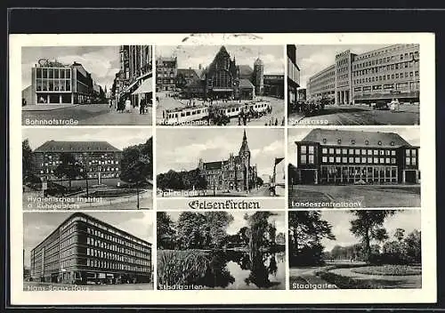 AK Gelsenkirchen, Bahnhofstrasse, Sparkasse, Stadtgarten, Polizeiamt, Hauptbahnhof