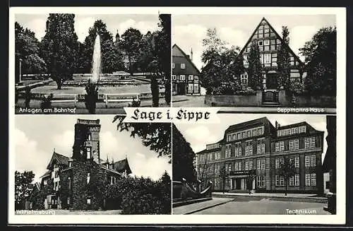 AK Lage i. Lippe, Anlagen am Bahnhof, Seppmanns Haus, Technikum, Wilhelmsburg