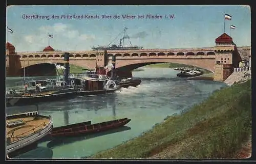 AK Minden i. W., Überführung des Mittelland-Kanals über die Weser, Dampfer Preussen