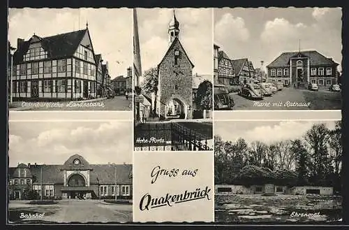 AK Quakenbrück, Bahnhof, Oldenburgische Landesbank, Markt mit Rathaus, Ehrenmal