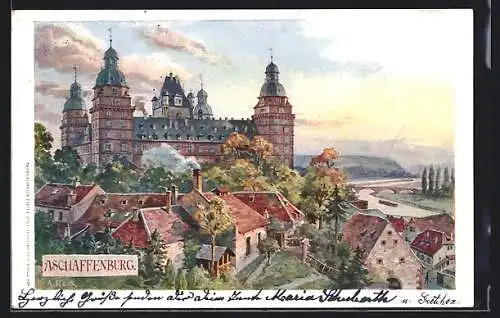 Künstler-AK Aschaffenburg, Partie am Schloss Johannisburg
