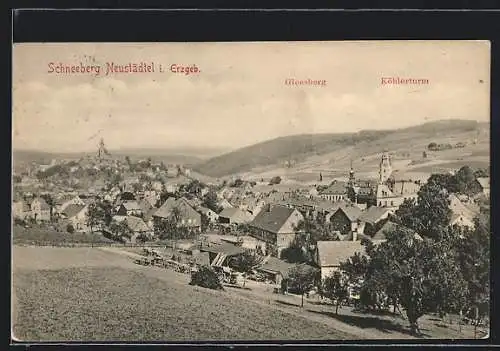 AK Schneeberg-Neustädtel / Erzgeb., Panorama mit Köhlerturm und Gleesberg