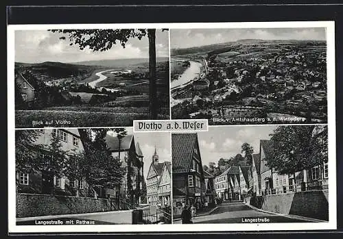 AK Vlotho a. d. Weser, Langestrasse m. Rathaus, Blick v. Amtshausberg a. d. Winterberg, Stadtblick