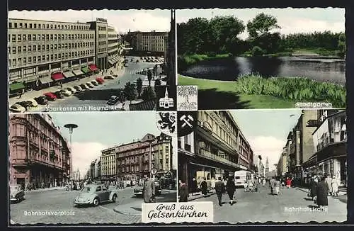 AK Gelsenkirchen, städt. Sparkasse mit neumarkt, im Stadtgarten, auf dem Bahnhofsvorplatz, Blick in die Bahnhofstrasse