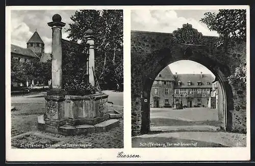 AK Giessen, Schiffenberg-Brunnen mit Klosterkapelle, Tor mit Innenhof