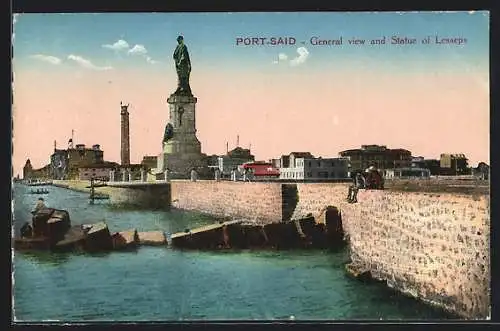 AK Port-Said, General view and Statue of Lesseps