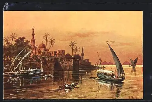 Künstler-AK Cairo, Küstenpartie mit Booten am Abend