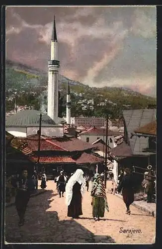 AK Sarajewo, Strasse mit Moschee im Sonnenschein
