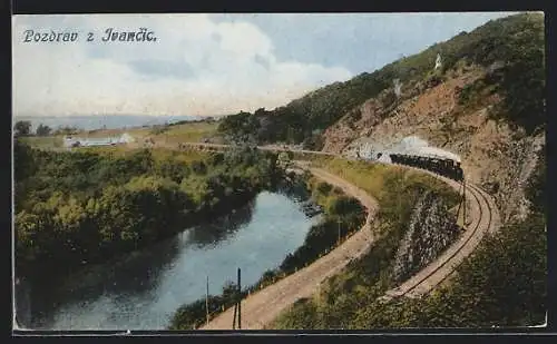 AK Ivancice, Landschaftsansicht mit Eisenbahn