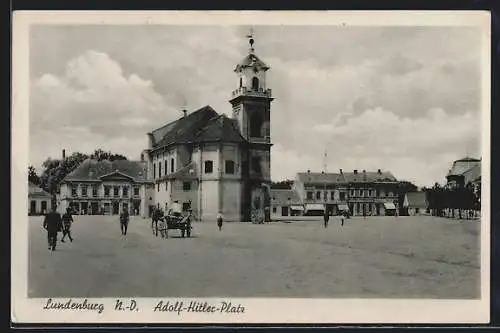 AK Lundenburg, Platz mit Kirche, Pferdegespanne